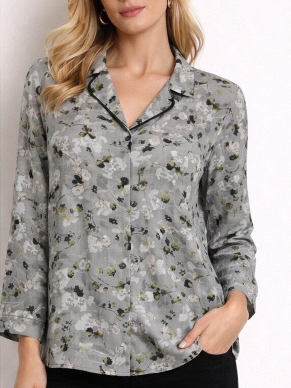 CAbi Gray Floral Button-Down Shirt with Olive Accents